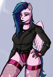 Size: 740x1080 | Tagged: safe, artist:dasblutbad, imported from derpibooru, oc, oc only, anthro, pegasus, choker, clothes, female, fingerless gloves, fishnets, gloves, jacket, lidded eyes, looking at you, mare, panties, shirt, spread wings, torn clothes, underwear, wings