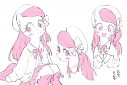 Size: 1800x1200 | Tagged: safe, artist:yanamosuda, imported from derpibooru, fluttershy, semi-anthro, beret, blouse, blush sticker, blushing, bow, bust, clothes, female, front view, full face view, hair bow, hat, head tilt, hooves together, limited palette, looking at you, looking sideways, open mouth, simple background, sitting, skirt, smiling, socks, solo, three quarter view, white background