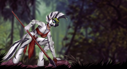 Size: 1980x1080 | Tagged: safe, artist:shamziwhite, imported from derpibooru, zecora, anthro, unguligrade anthro, zebra, alternate timeline, breasts, chrysalis resistance timeline, ear piercing, earring, female, forest, hunting, jewelry, loincloth, muscles, neck rings, piercing, resistance leader zecora, solo, spear, stripes, tribal, wallpaper, weapon, zecorabs