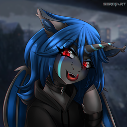 Size: 2000x2000 | Tagged: source needed, safe, artist:serodart, imported from derpibooru, oc, oc only, oc:nightfall, alicorn, pony, succubus, bat wings, clothes, commission, ear fluff, horn, looking at you, solo, wings