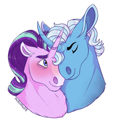 Size: 1500x1566 | Tagged: safe, artist:owlcoholik, imported from derpibooru, starlight glimmer, trixie, pony, blaze (coat marking), bust, coat markings, curved horn, facial markings, female, hoers, horn, lesbian, portrait, shipping, simple background, startrix, transparent background