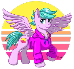 Size: 3334x3083 | Tagged: safe, artist:olificus, imported from derpibooru, oc, oc only, oc:tranquil neon, pegasus, pony, clothes, commission, high res, hoodie, male, original art, pegasus oc, simple background, solo, spread wings, stallion, sweatshirt, transparent background, vaporwave, wings