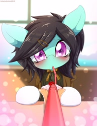 Size: 1932x2500 | Tagged: safe, artist:an-m, imported from derpibooru, oc, oc only, oc:dakara, pony, bendy straw, blushing, clothes, drinking straw, looking at you, offscreen character, pov, solo