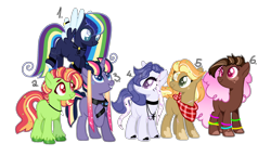 Size: 2664x1536 | Tagged: safe, artist:bumbgle-bee, artist:shiibases, imported from derpibooru, oc, oc only, unnamed oc, earth pony, pegasus, pony, unicorn, base used, bracelet, choker, coat markings, colored pupils, earth pony oc, eye clipping through hair, female, freckles, glow bracelets, horn, jewelry, mare, neckerchief, necklace, offspring, parent:applejack, parent:big macintosh, parent:cheese sandwich, parent:fancypants, parent:fluttershy, parent:pinkie pie, parent:rainbow dash, parent:rarity, parent:soarin', parent:star tracker, parent:trenderhoof, parent:twilight sparkle, parents:cheesepie, parents:fluttermac, parents:raripants, parents:soarindash, parents:trenderjack, parents:twitracker, pegasus oc, simple background, transparent background, unicorn oc, wing jewelry, wings