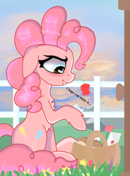 Size: 2181x2946 | Tagged: safe, artist:coffeeponee, imported from derpibooru, pinkie pie, pony, basket, blushing, chest fluff, door, fence, flower, food, grass, letter, muffin, raised hoof, rose, scenery, sitting, solo