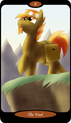 Size: 1500x2591 | Tagged: safe, artist:sixes&sevens, imported from derpibooru, part of a set, button mash, earth pony, pony, bag, cliff, eye clipping through hair, facial hair, floral head wreath, flower, goatee, grass, looking up, major arcana, male, mountain, mountain range, older, older button mash, one hoof raised, outdoors, raised hoof, saddle bag, smiling, solo, solo male, stallion, tarot, tarot card, the fool, this will end in pain, walking