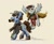 Size: 4227x3456 | Tagged: safe, artist:rigbyh00ves, artist:th3ipodm0n, imported from derpibooru, derpy hooves, oc, earth pony, pegasus, pony, fallout equestria, cap, clothes, duo, female, flat cap, flying, hat, hearts and hooves day, high res, male, mare, mouth hold, pipbuck, scarf, simple background, smiling, spread wings, stallion, weapon, wings