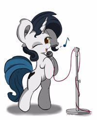 Size: 2000x2500 | Tagged: safe, artist:hisp, imported from derpibooru, oc, oc only, oc:cain, pony, unicorn, big ears, bipedal, cute, female, high res, looking at you, microphone, music notes, one eye closed, open mouth, simple background, singing, smiling, solo, white background, wink, winking at you