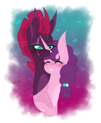 Size: 1280x1572 | Tagged: safe, artist:magicuniclaws, imported from derpibooru, sugar belle, tempest shadow, pony, bust, female, lesbian, portrait, shipping, simple background, tempestbelle, transparent background