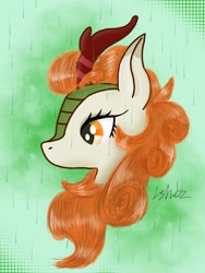 Size: 1536x2048 | Tagged: safe, artist:lshbz, imported from derpibooru, autumn blaze, kirin, sounds of silence, female, green background, mare, rain, simple background, solo