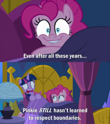 Size: 2000x2249 | Tagged: safe, edit, edited screencap, imported from derpibooru, screencap, pinkie pie, twilight sparkle, alicorn, earth pony, pony, cakes for the memories, spoiler:cakes for the memories, spoiler:mlp friendship is forever, bed, bedroom, comic, creepy, duo, duo female, female, lamp, lip bite, mare, open mouth, personal space invasion, pillow, pinkie pie is watching you, screaming, screencap comic, shocked, shrunken pupils, smiling, solo, twilight sparkle (alicorn), twilight's castle