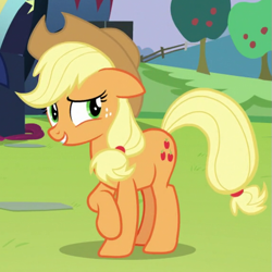 Size: 575x575 | Tagged: safe, imported from derpibooru, screencap, applejack, earth pony, pony, the mane attraction, applejack's hat, cowboy hat, cropped, cute, female, floppy ears, hat, jackabetes, mare, smiling, solo, teeth