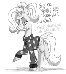 Size: 1087x1200 | Tagged: safe, artist:flutterthrash, trixie, pony, unicorn, alternate hairstyle, babysitter trixie, black and white, clothes, dialogue, female, grayscale, hoodie, lidded eyes, mare, monochrome, solo