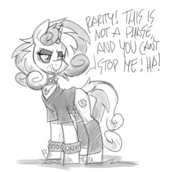 Size: 1185x1200 | Tagged: safe, artist:flutterthrash, sweetie belle, pony, unicorn, black and white, choker, clothes, dialogue, eyeshadow, female, grayscale, implied rarity, it's not a phase, leg warmers, makeup, mare, monochrome, older, older sweetie belle, shirt, solo, spiked choker, spiked wristband, t-shirt, wristband