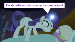 Size: 2000x1125 | Tagged: safe, edit, edited screencap, imported from derpibooru, screencap, rarity, spike, dragon, pony, unicorn, dragon dropped, bed, clothes, creepy, creepy smile, female, glowing horn, horn, male, mare, out of character, pajamas, reference, smiling, speech bubble, winged spike, wtpony