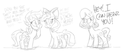 Size: 1200x534 | Tagged: safe, artist:flutterthrash, apple bloom, scootaloo, sweetie belle, pony, my little pony: pony life, angry, black and white, cutie mark crusaders, dialogue, female, filly, grayscale, monochrome, trio, vulgar