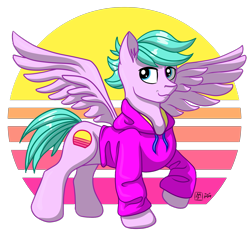 Size: 3341x3109 | Tagged: safe, artist:olificus, imported from derpibooru, oc, oc only, oc:tranquil neon, pegasus, clothes, commission, high res, hoodie, male, original art, pegasus oc, simple background, solo, spread wings, stallion, sweatshirt, transparent background, wings