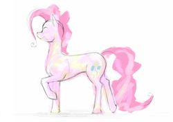 Size: 954x673 | Tagged: safe, artist:qsteel, imported from derpibooru, pinkie pie, earth pony, pony, eyes closed, raised hoof, simple background, solo, white background