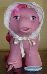 Size: 383x600 | Tagged: safe, imported from derpibooru, earth pony, bonnet, brush, g1, pacifier, photo, sweet dreams, toy, wat