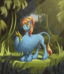 Size: 3320x3847 | Tagged: safe, artist:kirillk, imported from derpibooru, oc, oc only, oc:merrifeather, pegasus, pony, figure, gold, gradient mane, gradient tail, grass, jungle, leonine tail, looking at something, smiling, solo, two toned mane, two toned tail, unshorn fetlocks, wing hands, wing hold, wings