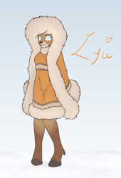 Size: 3200x4700 | Tagged: safe, artist:sneetymist, imported from derpibooru, oc, oc only, oc:lya the reindeer, anthro, deer, reindeer, unguligrade anthro, blind, bottomless, breasts, clothes, colored, dress, female, fur coat, parka, partial nudity, simple background, snow, solo, traditional clothing, winter outfit