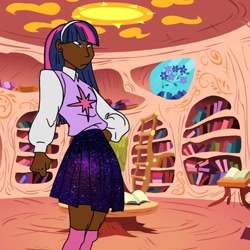 Size: 1000x1000 | Tagged: safe, artist:11_corpse_11, imported from derpibooru, twilight sparkle, human, book, bookshelf, clothes, dark skin, female, golden oaks library, hand on hip, humanized, indoors, skirt, socks, solo