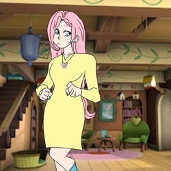 Size: 1000x1000 | Tagged: safe, artist:11_corpse_11, imported from derpibooru, fluttershy, human, clothes, couch, dress, female, fluttershy's cottage (interior), humanized, indoors, jewelry, necklace, solo