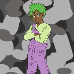 Size: 1000x1000 | Tagged: safe, artist:11_corpse_11, imported from derpibooru, spike, human, abstract background, clothes, crossed arms, dark skin, female, humanized, overalls, solo