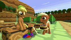 Size: 1920x1080 | Tagged: safe, artist:soad24k, imported from derpibooru, quarter hearts, oc, earth pony, pony, 35th anniversary, 3d, cake, epona, food, gmod, link, rupee, sword, the legend of zelda, weapon