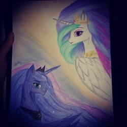 Size: 1080x1080 | Tagged: safe, artist:cats_drawings_cos, imported from derpibooru, princess celestia, princess luna, alicorn, pony, bust, duo, female, horn, jewelry, mare, peytral, siblings, sisters, tiara, traditional art, wings