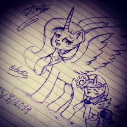 Size: 1080x1080 | Tagged: safe, artist:cats_drawings_cos, imported from derpibooru, princess celestia, princess luna, alicorn, pony, duo, female, filly, filly luna, hoof on chest, horn, lined paper, mare, peytral, raised hoof, siblings, signature, sisters, traditional art, wings, woona, younger