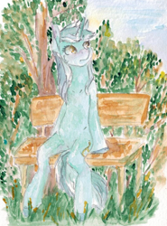 Size: 574x774 | Tagged: safe, artist:carboneum, imported from derpibooru, lyra heartstrings, pony, semi-anthro, unicorn, bench, meme, sitting, sitting lyra, solo, traditional art