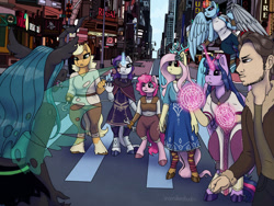 Size: 1024x768 | Tagged: safe, artist:incendiaryboobs, artist:incendiarymoth, imported from derpibooru, applejack, fluttershy, pinkie pie, queen chrysalis, rainbow dash, rarity, twilight sparkle, anthro, human, unguligrade anthro, commission, fanfic, mane six