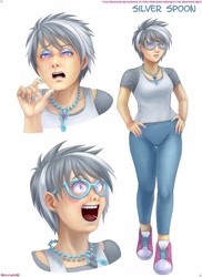 Size: 1700x2334 | Tagged: safe, artist:melisaongmiqin, imported from derpibooru, silver spoon, human, alternate hairstyle, clothes, converse, glasses, glasses off, humanized, jewelry, laughing, makeup, necklace, older, older silver spoon, pearl necklace, reference sheet, shoes, short hair, very short hair