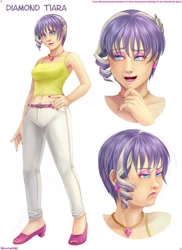 Size: 1700x2334 | Tagged: safe, artist:melisaongmiqin, imported from derpibooru, diamond tiara, human, alternate hairstyle, belly button, humanized, jewelry, makeup, midriff, necklace, reference sheet, short hair, smiling, very short hair