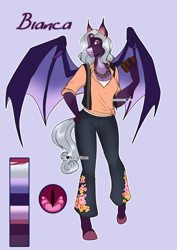 Size: 2865x4051 | Tagged: safe, artist:blackblood-queen, imported from derpibooru, imported from ponybooru, pickpocket, oc, oc only, oc:bianca, anthro, bat pony, unguligrade anthro, anthro oc, bat pony oc, bat wings, clothes, digital art, ear piercing, fangs, female, hand on hip, mare, pants, pickpocketing, piercing, reference sheet, shirt, slit eyes, slit pupils, stealing, theft, thief, wallet, wings