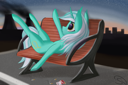 Size: 3000x2000 | Tagged: safe, artist:stravy_vox, artist:stravyvox, imported from derpibooru, lyra heartstrings, pony, unicorn, bench, cigarette, city, cooling tower, lying down, on back, solo