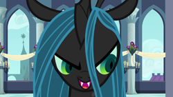 Size: 1920x1080 | Tagged: safe, imported from derpibooru, screencap, queen chrysalis, changeling, changeling queen, a canterlot wedding, season 2, banner, bust, candle, close-up, fangs, female, lidded eyes, looking at something, open mouth, solo, this day aria