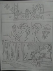 Size: 1944x2592 | Tagged: safe, artist:princebluemoon3, imported from derpibooru, oc, oc:rainbow candy, oc:tommy the human, earth pony, human, pegasus, pony, comic:sisterly silliness, black and white, blushing, blushing profusely, butt, canterlot, canterlot castle, castle, child, clothes, comic, commissioner:bigonionbean, cutie mark, descriptive noise, dialogue, embarrassed, extra thicc, female, flank, fusion, fusion:rainbow candy, grayscale, hallway, horse noises, human oc, jiggle, jiggling, male, mare, monochrome, mounting, plot, riding, riding a pony, throne room, traditional art, trotting, whiskers, wings, writer:bigonionbean