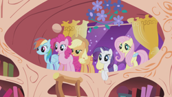 Size: 1920x1080 | Tagged: safe, imported from derpibooru, screencap, applejack, fluttershy, pinkie pie, rainbow dash, rarity, earth pony, pegasus, pony, unicorn, season 1, the ticket master, animation error, female, golden oaks library, group, library, looking down, mare, night, weird description
