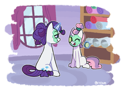 Size: 1280x943 | Tagged: safe, artist:risswm, imported from derpibooru, rarity, sweetie belle, pony, unicorn, carousel boutique, cucumber, cute, diasweetes, duo, eyes closed, face mask, female, filly, food, magic, mare, mask, mud mask, open mouth, sibling bonding, siblings, sisters, sitting, telekinesis