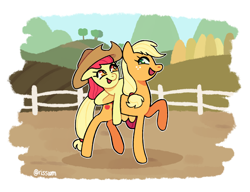 Size: 1280x982 | Tagged: safe, artist:risswm, imported from derpibooru, apple bloom, applejack, earth pony, pony, accessory swap, adorabloom, apple bloom riding applejack, cowboy hat, cute, duo, female, filly, hat, jackabetes, mare, open mouth, playing, ponies riding ponies, riding, sibling bonding, siblings, sisters, smiling