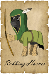 Size: 1000x1500 | Tagged: safe, alternate version, artist:malte279, imported from derpibooru, oc, oc:robbing hooves, tails of equestria, bow (weapon), lore, parchment, pen and paper rpg, robin hood