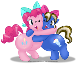 Size: 1600x1342 | Tagged: safe, artist:aleximusprime, imported from derpibooru, pinkie pie, oc, oc:sundae shake, pony, chubbie pie, chubby, commission, fat, hug, one eye closed, pudgy pie, simple background, transparent background