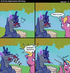 Size: 2200x2283 | Tagged: safe, artist:viwrastupr, imported from derpibooru, oc, oc:kno change, unnamed oc, kirin, pony, sea pony, comic:the not very magical adventures of kno change, comic, crawfish, eating, faint, food, kirin oc, meat, ponies eating meat, speech bubble