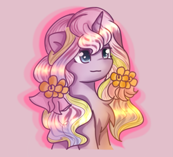 Size: 1189x1080 | Tagged: safe, artist:starflashing twinkle, imported from derpibooru, oc, oc only, pony, unicorn, bedroom eyes, cute, flower, flower in hair, simple background, solo