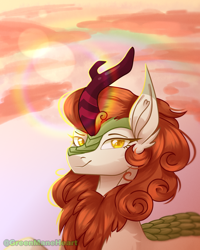 Size: 2000x2500 | Tagged: safe, artist:redheartponiesfan, imported from derpibooru, autumn blaze, kirin, bust, lens flare, portrait, solo