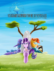 Size: 1590x2085 | Tagged: safe, artist:jphyperx, imported from derpibooru, starlight glimmer, sunburst, trixie, pony, unicorn, fanfic:starlight glimmer and the runekeepers, book, fanfic, fanfic art, fanfic cover, german, japanese, jewelry, pendant, rock, tree