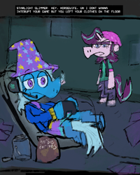 Size: 642x802 | Tagged: safe, artist:cate wurtz, imported from derpibooru, starlight glimmer, trixie, beanie, bipedal, clothes, dialogue, equestria girls outfit, gaming, hat