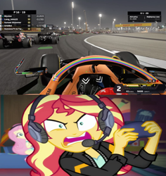 Size: 817x864 | Tagged: safe, edit, edited screencap, imported from derpibooru, screencap, fluttershy, sunset shimmer, equestria girls, equestria girls series, game stream, spoiler:eqg series (season 2), angry, comparison, controller, drift, duo, duo female, f1 2020, f1 car, female, formula 1, mclaren, open mouth, rage, shimmercode, solo, tell me what you need, wrong aspect ratio